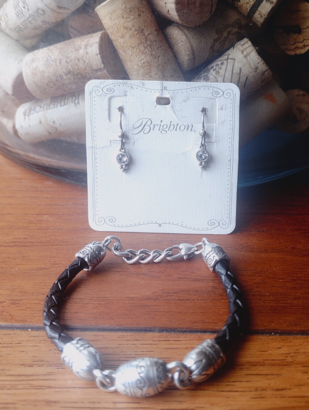 Brighton Black Braided Leather Bracelet with Silver Accents & Drop Earrings Set